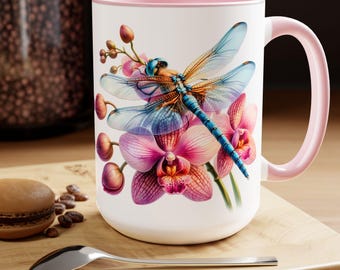 Dragonfly Coffee Mug, Gift for Dragonfly Lover, Cottagecore Mug, Watercolor Dragonfly Cup, Floral Mug Garden Mug, Mother's Day Mug Gift 15oz