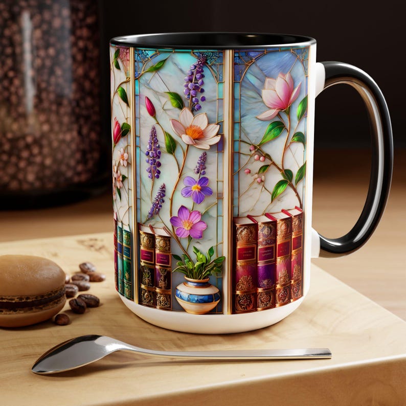 Floral Bookshelf Coffee Mug, Bookish Faux Stained-Glass Mug, Book Lover Gift, Reading Mug for Women, Library Floral Cup 15oz image 4