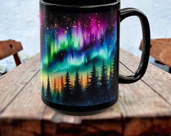 Northern Lights Mug, Aurora Borealis Cup, Northern Lights Drinkware, Colorful Sky Mug, Celestial Ceramic Mug, Xmas Gift Black Mug 11oz, 15oz