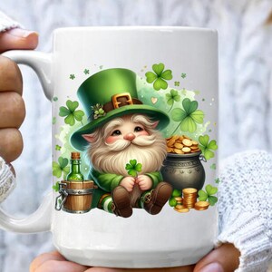 St. Patrick's Day Mug, Leprechaun Gnome Mug, Funny Irish Coffee Cup, Garden Gnome, Shamrock Clover, Saint Patrick's Day Holiday Gift 15oz image 2