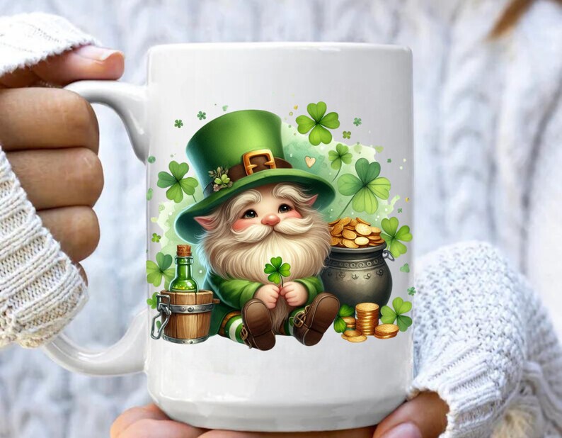 St. Patrick's Day Mug, Leprechaun Gnome Mug, Funny Irish Coffee Cup, Garden Gnome, Shamrock Clover, Saint Patrick's Day Holiday Gift 15oz image 2
