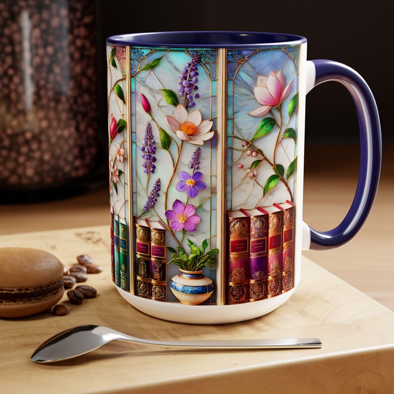 Floral Bookshelf Coffee Mug, Bookish Faux Stained-Glass Mug, Book Lover Gift, Reading Mug for Women, Library Floral Cup 15oz image 5