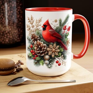 Christmas Cardial Christmas Mug, Bird on Branch Mug, Birds Retro Christmas Mug, Cottagecore Mug, Holiday Mug, Vintage Christmas Mug 15oz