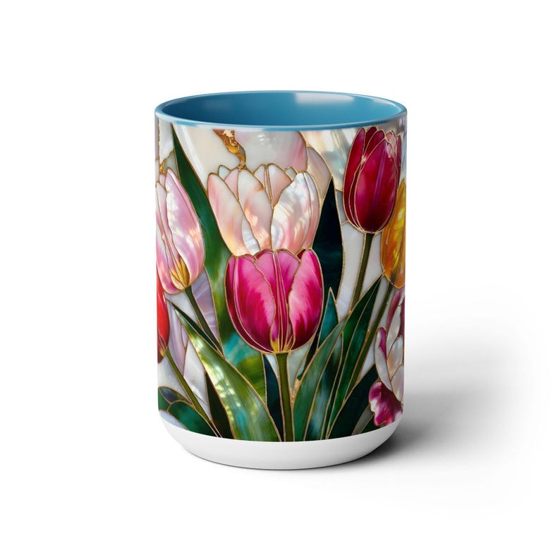 Tulips Mug Stained Glass Style, Floral Coffee Cup, Spring Flower Mug, Colorful Tulip Gift for Her, Mom, Teacher, Art Lover, 15oz immagine 14