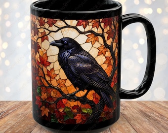 Raven Mug, Stained Glass Style Crow Coffee Mug, Gothic Raven Mug, Dark Academia Gift, Witchy Fall Mug, Bird Lover Gift, Halloween Cup