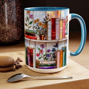 Floral Bookshelf Coffee Mug, Book Lover Gift, Bookish Stained-Glass Style Mug, Library Aesthetic Cup 15oz image 7