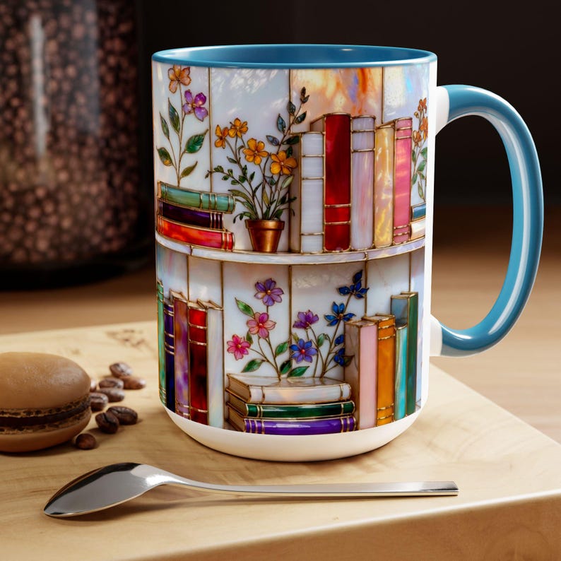 Floral Bookshelf Coffee Mug, Book Lover Gift, Bookish Stained-Glass Style Mug, Library Aesthetic Cup 15oz image 7