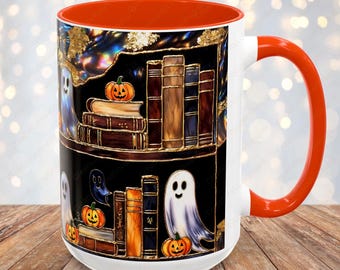 Halloween Ghost Bookshelf Mug, Cute Ghost Coffee Mug, Book Lover Gift, Spooky Books Mug, Fall Mug, Gothic Library Cup, Dark Academia Mug