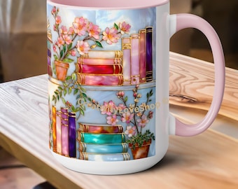 Floral Bookshelf Mug for Book Lovers, Bookish Library Coffee Cup, Black Ceramic 15oz, Stained Glass Style Design