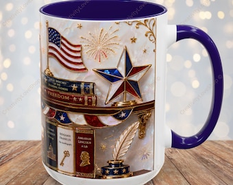 4th of July Mug, Patriotic Bookshelf Coffee Mug, Independence Day Gift, American Flag Cup, Red White Blue Mug