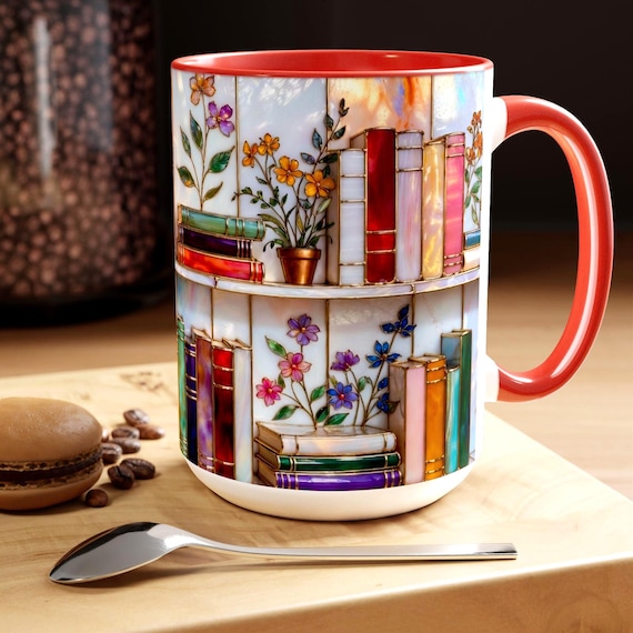 Floral Bookshelf Coffee Mug, Book Lover Gift, Bookish Stained-Glass Style Mug, Library Aesthetic Cup 15oz