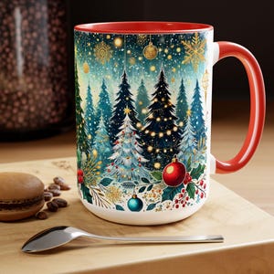 Christmas Mug, Festive Christmas Coffee Mug, Vintage Style Holiday Mug, Classic Christmas Tree Mug, Kitchen Decor Mug, Forest Mug 15oz