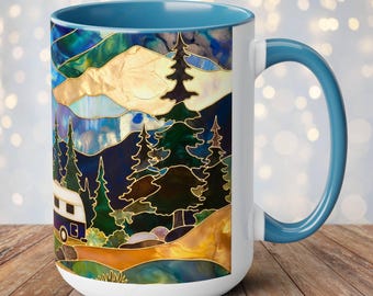 Stained Glass Style Mountain Camper Mug, Camping Coffee Cup, Outdoor Adventure Mug, Nature Lover Gift, Fathers Day Mug, Forest Landscape Cup