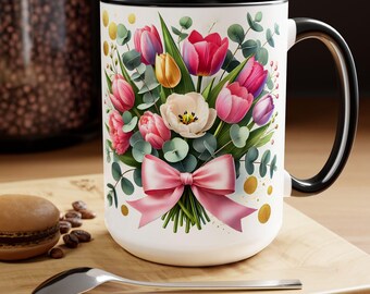 Tulips Mug, Spring Mug, Tulips Flower Mug, Boho Mug, Cottagecore Coffee Mug, Pastel Floral Mug, Flower Garden Lover, Botanical Teacup 15oz