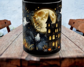 Halloween Mug, Halloween Haunted House Coffee Mug, Unique Halloween Gift, Witchy Halloween Cup, Vintage Style Halloween Mug, Ghost Mug 15oz
