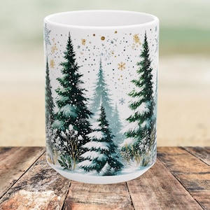 Snowy Pine Tree Winter Scene Mug, Winter Themed Forest Coffee Mug, Cozy Christmas Gift for Winter Lovers, Holiday Gift, Xmas Gift 15oz