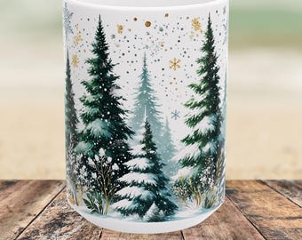 Snowy Pine Tree Winter Scene Mug, Winter Themed Forest Coffee Mug, Cozy Christmas Gift for Winter Lovers, Holiday Gift, Xmas Gift 15oz