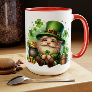 St. Patrick's Day Mug, Leprechaun Gnome Mug, Funny Irish Coffee Cup, Garden Gnome, Shamrock Clover, Saint Patrick's Day Holiday Gift 15oz Red
