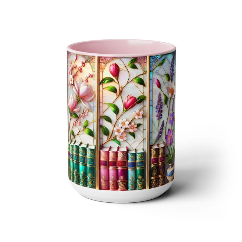 Floral Bookshelf Coffee Mug, Bookish Faux Stained-Glass Mug, Book Lover Gift, Reading Mug for Women, Library Floral Cup 15oz image 19