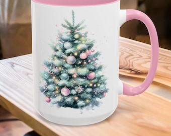Christmas Tree Mug, Winter Tree Mug, Holiday Coffee Mug, Aesthetic Tree Mug, Pastel Christas Mug, Watercolor Christmas Tree Ceramic Mug 15oz