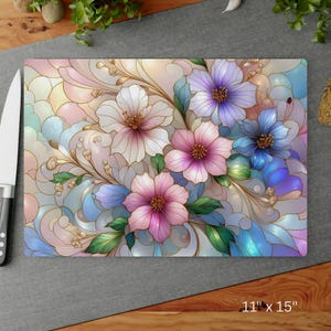 Glass Cutting Board, Pastel Flowers Tempered Glass Chopping Board, Cheese and Charcuterie Glass Cutting Board, Elegant Kitchen Decor Gift