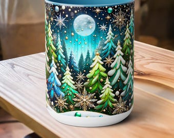 Pine Forest Mug, Stained Glass Style Coffee Cup, Winter Evergreen Tree Mug, Nature Lover Christmas Gift 15oz