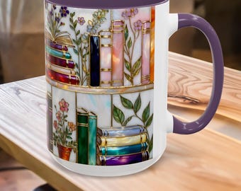 Floral Bookish Stained-Glass Style Mug, Book Lover Gift, Library Aesthetic Cup, Reading Mug