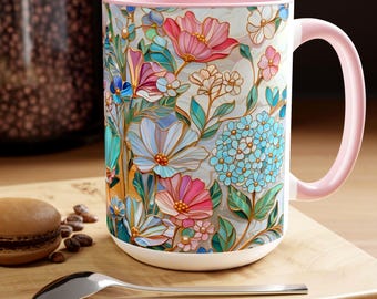 Floral Stained Glass Style Mug 15oz, Romantic Pastel Coffee Cup, Pink Wildflower Tea Mug, Flower Lover Gift, Aesthetic Floral Kitchen Decor