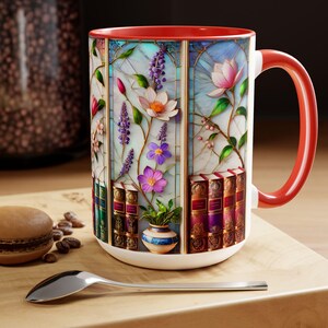 Floral Bookshelf Coffee Mug, Bookish Faux Stained-Glass Mug, Book Lover Gift, Reading Mug for Women, Library Floral Cup 15oz image 6