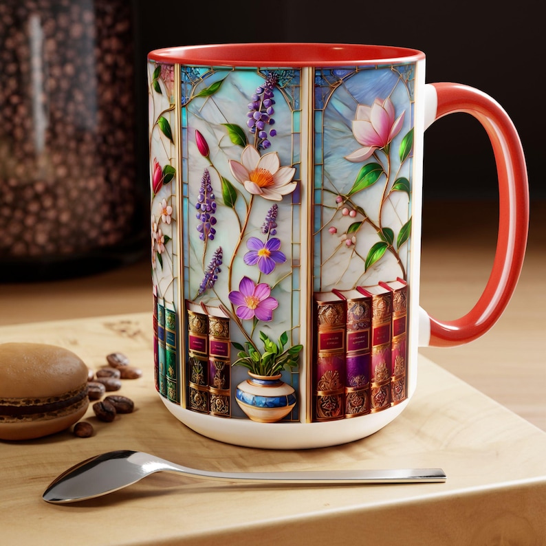 Floral Bookshelf Coffee Mug, Bookish Faux Stained-Glass Mug, Book Lover Gift, Reading Mug for Women, Library Floral Cup 15oz image 6