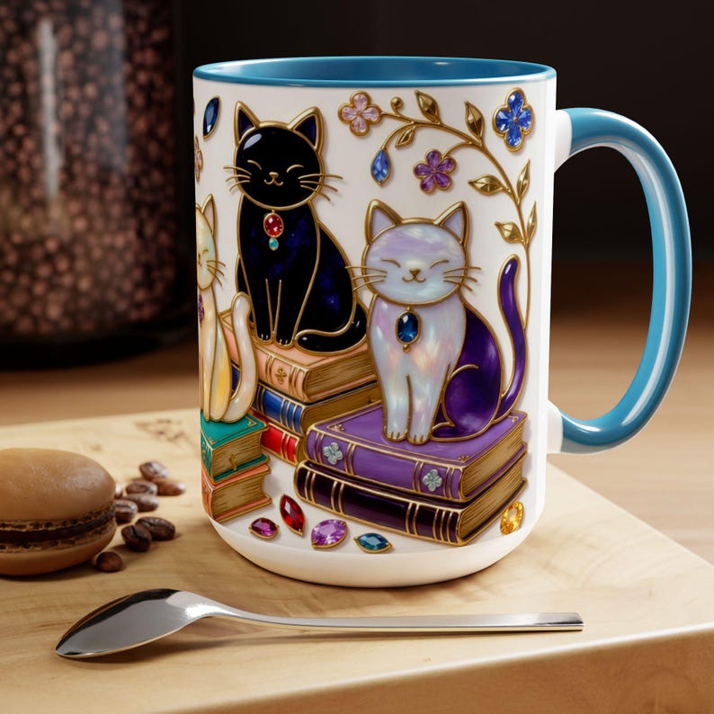 May include: White ceramic mug with a blue interior and handle. The mug features three cat illustrations sitting on stacks of books. The cats are black, white, and yellow, with jewel accents. Floral and jewel embellishments decorate the mug.