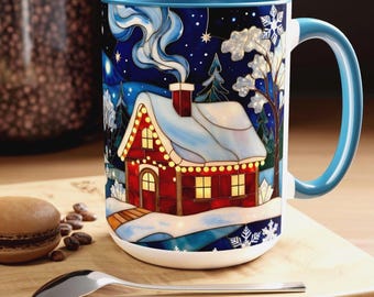 Stained Glass Style Christmas Village Mug, Winter Cottage Snow Scene Mug, Cozy Holiday Art Cup, Christmas Gift Mug 15oz