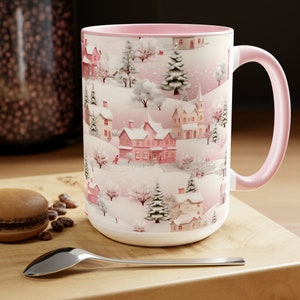 Pink Christmas Village Mug, Christmas Movie Mug, Christmas Coffee Mug Gift, Merry Christmas Mug, Winter Mug, Holiday Kitchen Decor 11oz15 oz