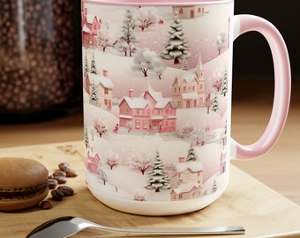 Pink Christmas Village Mug, Christmas Movie Mug, Christmas Coffee Mug Gift, Merry Christmas Mug, Winter Mug, Holiday Kitchen Decor 11oz15 oz