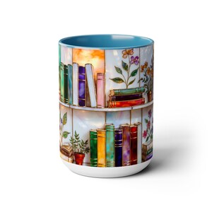 Floral Bookshelf Coffee Mug, Book Lover Gift, Bookish Stained-Glass Style Mug, Library Aesthetic Cup 15oz image 12