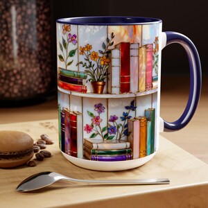 Floral Bookshelf Coffee Mug, Book Lover Gift, Bookish Stained-Glass Style Mug, Library Aesthetic Cup 15oz image 5