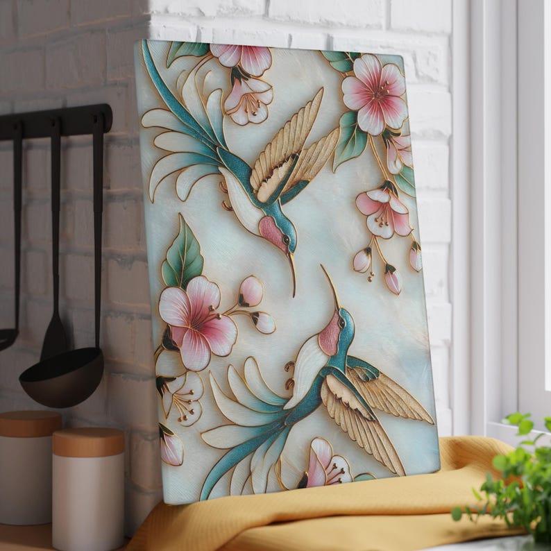Tábua de corte de vidro em formato de beija-flor, tábua de vidro temperado com estampa floral, decoração de cozinha com efeito vitral, presente para chefs, presente de casamento e anfitriã imagem 11