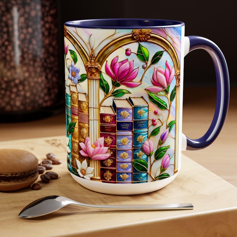Floral Bookshelf Coffee Mug, Bookish Faux Stained-Glass Mug, Book Lover Gift, Reading Mug for Women, Library Aesthetic Cup 15oz image 6