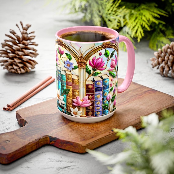 Floral Bookshelf Coffee Mug, Bookish Faux Stained-Glass Mug, Book Lover Gift, Reading Mug for Women, Library Aesthetic Cup 15oz