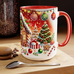 May include: White ceramic mug with a red rim and handle. The mug features a Christmas scene with a gingerbread house, a decorated Christmas tree, presents, candy canes, and ornaments. The background is red with white lights.