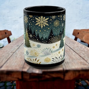Snowy Pine Forest Mug, Holiday Mug, Cozy Snowflake Winter Coffee Mug, Ceramic Christmas Forest Teacup, Snow Tree Mug, Xmas Gift (11oz, 15oz)