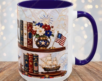 Fourth of July Mug, Patriotic Bookshelf Coffee Mug, Americana 1776 USA Gift, Red White Blue Library Mug, Liberty Decor Cup