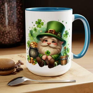 St. Patrick's Day Mug, Leprechaun Gnome Mug, Funny Irish Coffee Cup, Garden Gnome, Shamrock Clover, Saint Patrick's Day Holiday Gift 15oz Light Blue