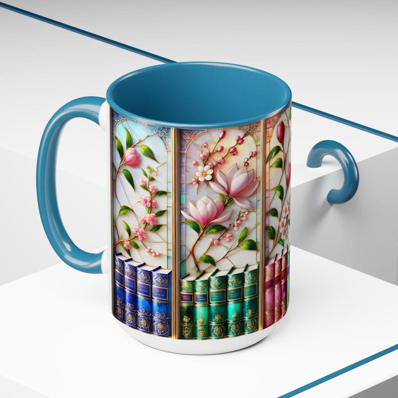 Floral Bookshelf Coffee Mug, Bookish Faux Stained-Glass Mug, Book Lover Gift, Reading Mug for Women, Library Floral Cup 15oz image 11