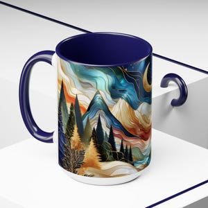 Stained Glass Mountain Style Range Coffee Mug, Watercolor Mountain Starry Night Outdoor Mug Ceramic Mountain Mug, Mountain Gifts, Xmas 15oz