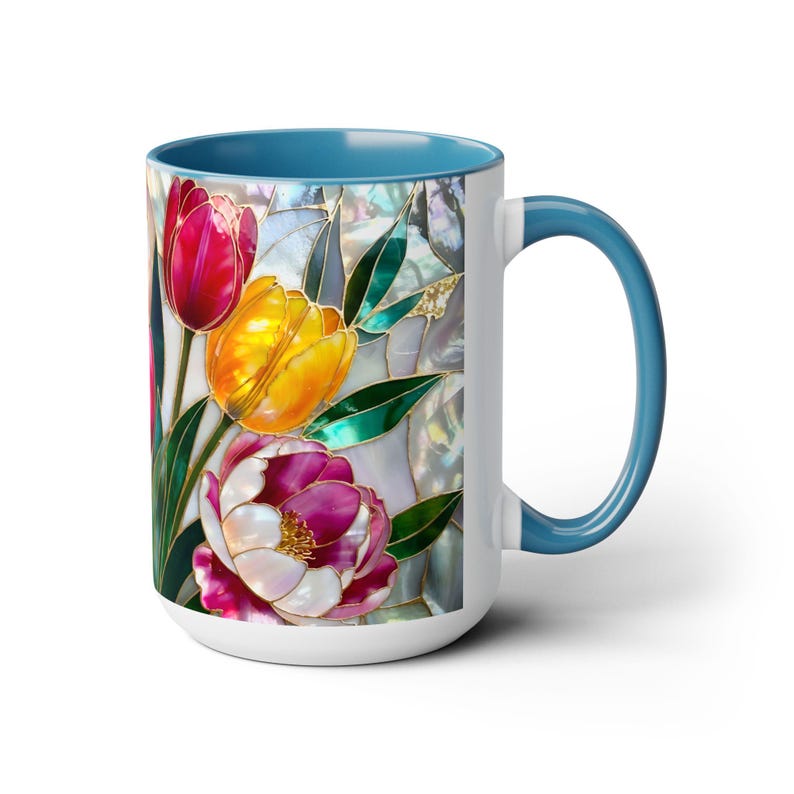 Tulips Mug Stained Glass Style, Floral Coffee Cup, Spring Flower Mug, Colorful Tulip Gift for Her, Mom, Teacher, Art Lover, 15oz immagine 15
