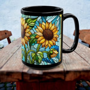Sunflower Mug - Stained Glass Inspired Coffee Cup, Bright Floral Drinkware, Unique Gift for Nature & Flower Lovers, Christmas Gift Mug 15oz