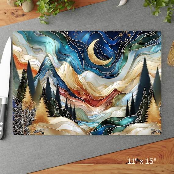 Mountain Cutting Board, Nature Kitchen Decor, Mountain Lover Gift, Gift for Mom, Wedding Gifts, Kitchen Art Gift For Her Crescent Moon Decor