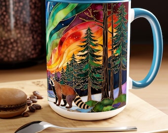 Stained Glass Style Forest Raccoon Coffee Mug, Celestial Night Sky Animal Gift, Winter Woodland Ceramic Cup, Forest Animal Gift 15oz