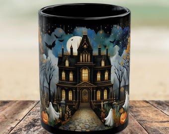 Halloween Mug, Haunted House Coffee Mug, Unique Halloween Gift, Spooky Witchy Cup, Halloween Cup, Vintage Style Halloween Mug Ghost Mug 15oz